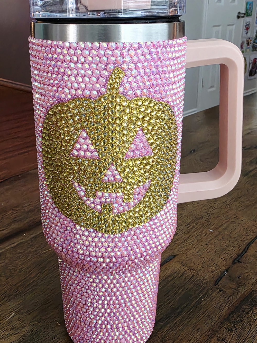 Pink Crystal Pumpkin Travel Tumbler - Gold Jack-O'-Lantern Accent